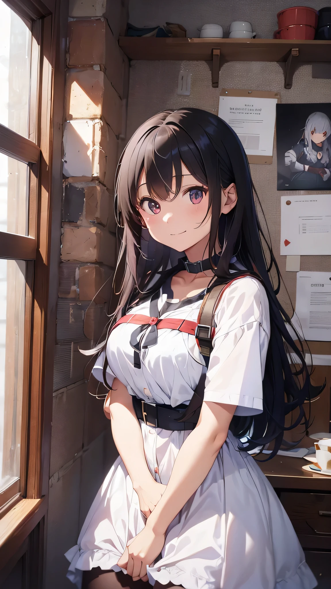 最high quality、Best image quality、masterpiece、girl((20-year-old、 By becoming、Best Bust、Medium Bust,Wide open breast tea、red glowing eyes,Silver Hair、Disheveled Hair、Long Hair、thin,The highest valley、Open chest、White wristband、smile、hair ornamentany accessories、White shirt、OL)),high quality、Beautiful art、background((company))、Flight、Flying debris、Written boundary depth、movie、Visual Arts、Perfect art、8K,Genuine、