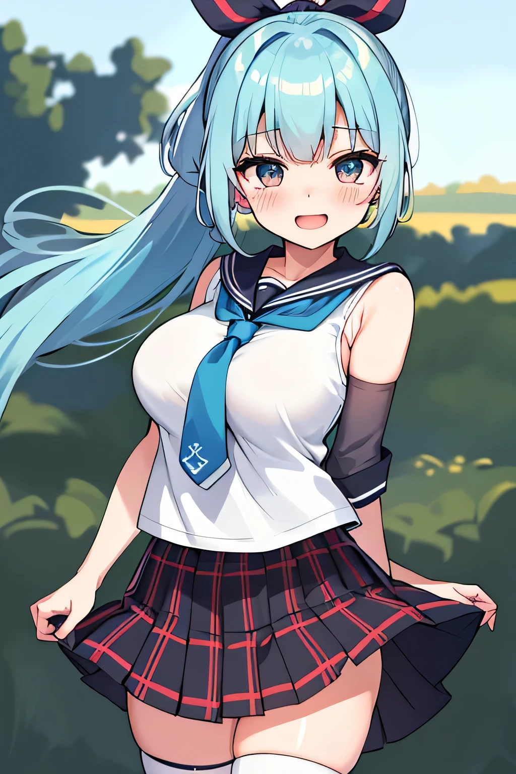 (highest quality:1.4)、High resolution、Detailed Background、(Beautiful face in every detail:1.4)、(Anatomically correct)、(Draw the usual number of fingers:1.2)、(Detailed facial expressions)、Realistic、age beauty、(Huge breasts:1.3)、Perfect body line、ponytail、long、Attractive big buttocks、attractive thick thighs、sunny、On the way to school、Cowboy Shot、
White sheer sailor suit、light blue sailor color、No sleeve、Pleated mini skirt with tartan plaid pattern、White knee-high socks、Absolute area、
(Backwards:1.2、Accentuate your butt)、A strong wind is blowing、Panty Shot:1.2、Accentuate your butt、A big smile、I'm a little excited、Attractive ass、Embarrassed、Blushing、cute