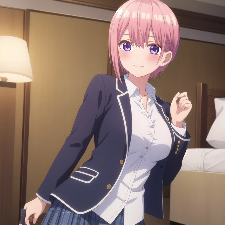 ((masterpiece)),(highest quality),Official Art,Highly detailed CG,unity 8k wallpaper,Super detailed,Hotel Bed,One girl,alone,Cowboy Shot,short_hair,ピンクnohair,(青いeye),Blue jacket,dress_shirt,白いshirt,Pleats_skirt,緑のskirt,前hair,School_uniform,A big smile,With collar_shirt,hair_between_eye,big beautiful breasts,length_sleeve,blush