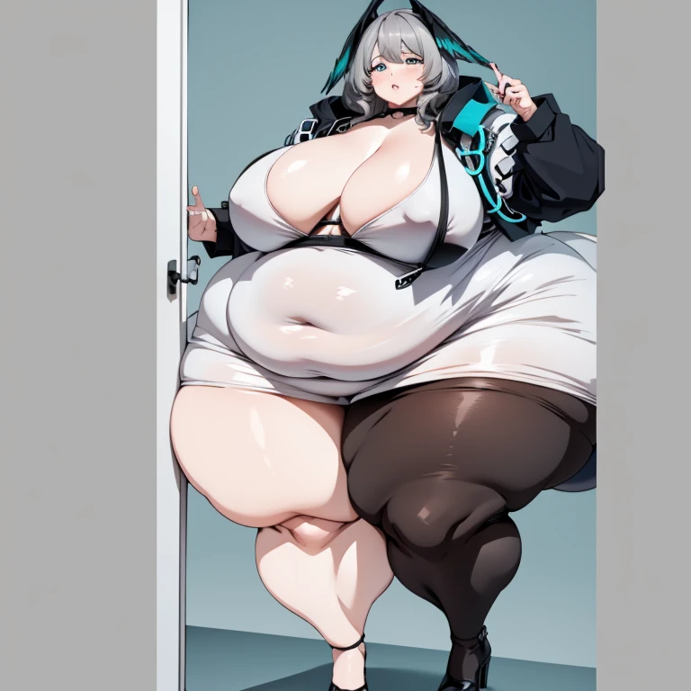 1girl, top heavy figure, (((incredibly big chest))), ((saggy chest)), plump, incredibly plump, ((big belly)), (((big tits))), pout, embarassed, wide, (((obese))), (((fat))), ((love handles)), double chin, out of shape, obese, fatty, tall woman, big bossom, ((milf)), big height, mature, standing, full body, bbw, ssbbw, ho'olheyak, head wings, grey hair, snake tail, medium hair, pantyhose, white jacket, white dress, black footwear