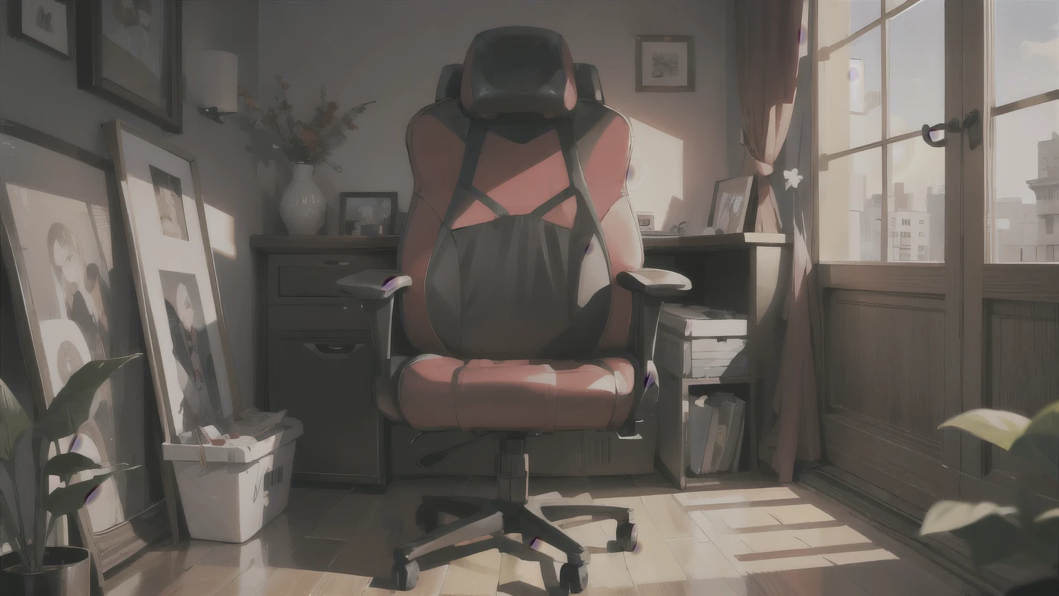 Obra maestra, of the highest quality, closeup cuarto gamer, gameroomconcept, room, pared con posters, ventana luz piso de madera, an empty gaming chair, aspecto de la imagen 16:9, centrando en la imagen una silla gamer color morado, fondo un cuarto de una chica gamer con tonalidades rosas y moradas estilo genshin impact