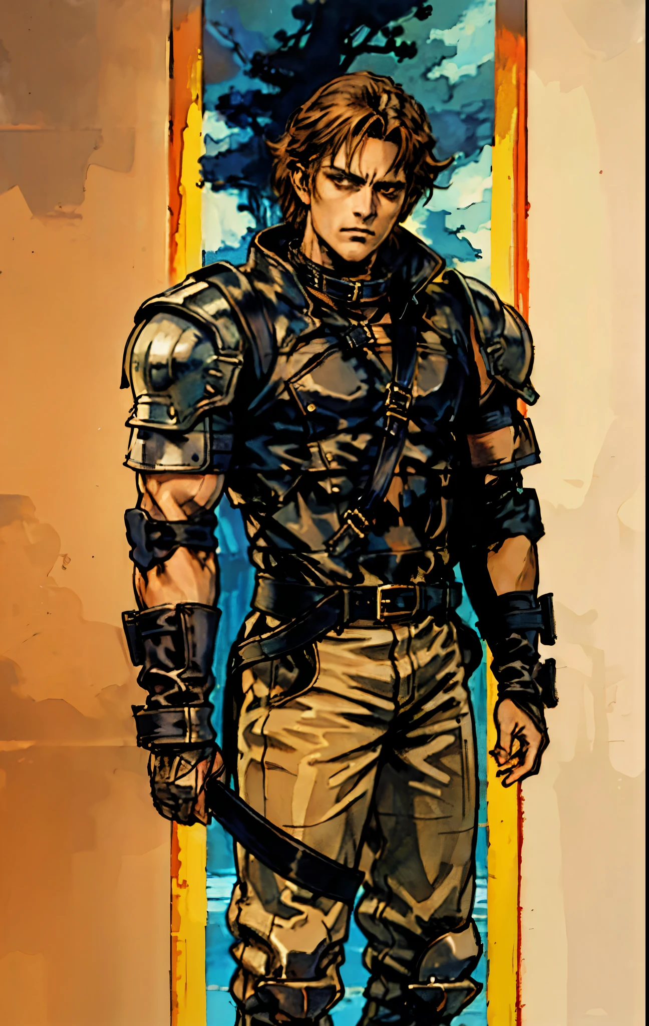 (masterpiece:1.2, best quality:1.2, extremely delicate:1.2), ((male:1.5)), a man with spiky short orange-red hair, side-parted bangs, a calm gaze, a faint smile, a mature and handsome face, dark skin, a tall and muscular build, a bare upper body, several strips of leather armor wrapped around his left shoulder and chest, wrist guards, loose beige cargo pants, standing in a massive circular arena, this character embodies a finely crafted fantasy-realist style gladiator in anime style, exquisite and mature manga art style, dramatic, high definition, highres, ultra-detailed, ultra-fine painting, professional, perfect body proportions, golden ratio, anatomically correct, symmetrical face, extremely detailed eyes and face, high quality eyes, creativity, RAW photo, UHD, 32k, Natural light, cinematic lighting, (masterpiece-anatomy-perfect:1.2)