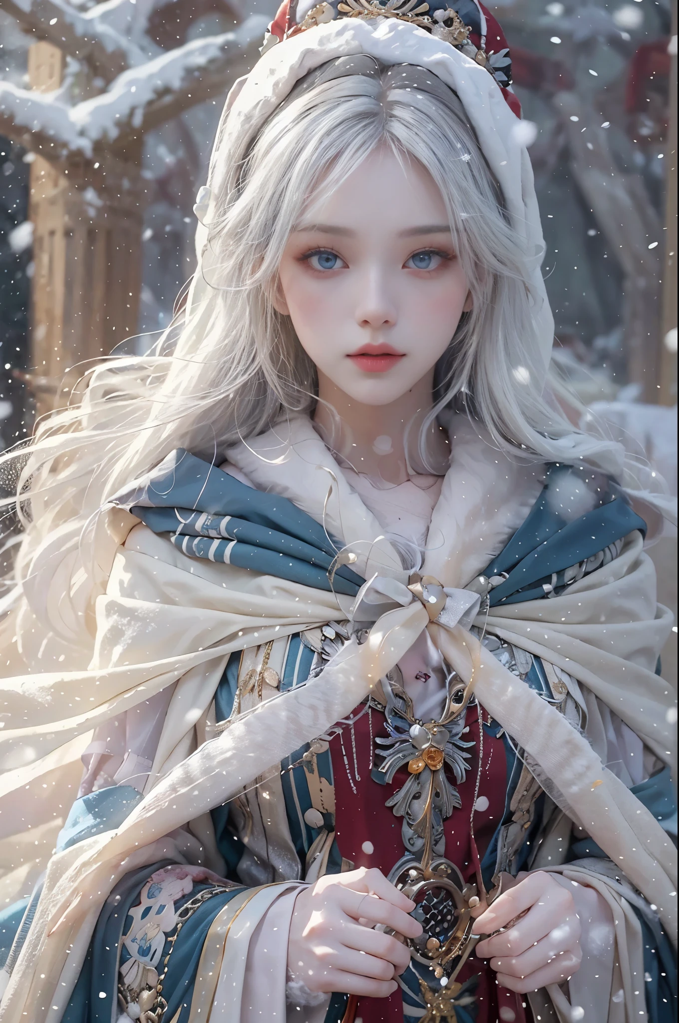 8K,realistically, A high resolution, 1 Women, Alone, (ta costume),Gorgeous costumes attract the audience,A beautiful Blue eyes, White hair, eye socket, (External,Oyuki,fur-edged cloak,blanketed in a mantle of snow),snow cover,