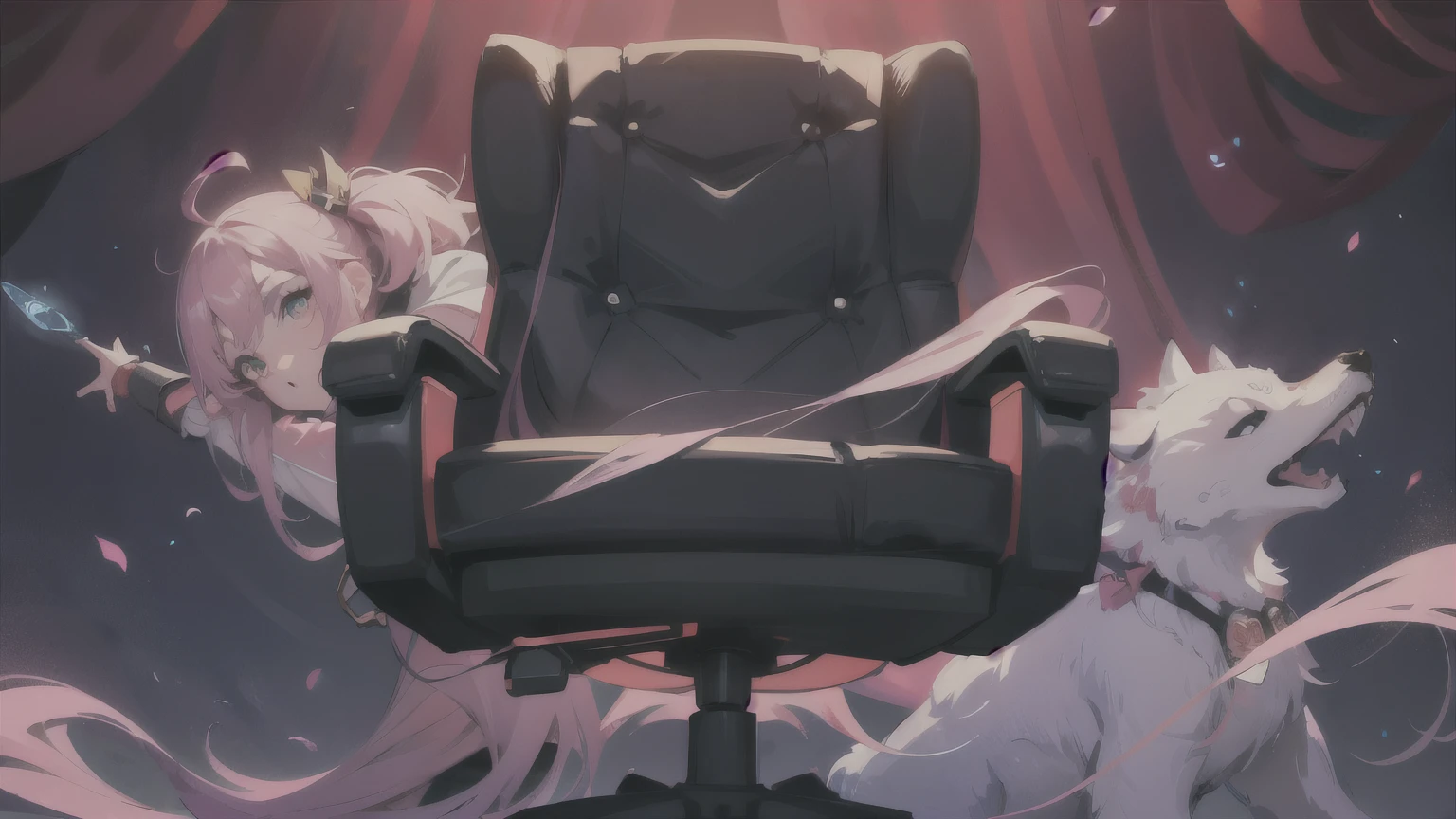 Obra maestra, of the highest quality, closeup cuarto gamer, gameroomconcept, room, pared con posters, ventana luz piso de madera, an empty gaming chair, aspecto de la imagen 16:9, centrando en la imagen una silla gamer color morado, fondo un cuarto de una chica gamer con tonalidades rosas y moradas estilo genshin impact