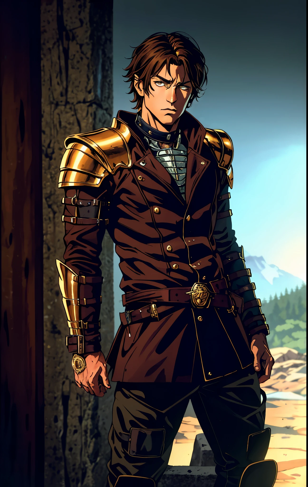 A man with short sandy brown hair, long side-parted bangs, a melancholic gaze, a troubled expression, pale skin, a fantasy-style gray trench coat with a large collar, under which lies leather chest armor, a black belt, worn-out yellowish shoulder pads and wrist guards, utility trousers, the backdrop of a mountain wilderness at night, this character embodies a finely crafted fantasy-style adventurer in anime style, exquisite and mature manga art style, high definition, best quality, highres, ultra-detailed, ultra-fine painting, extremely delicate, professional, perfect body proportions, golden ratio, anatomically correct, symmetrical face, extremely detailed eyes and face, high quality eyes, creativity, RAW photo, UHD, 32k, Natural light, cinematic lighting, masterpiece-anatomy-perfect, masterpiece:1.5