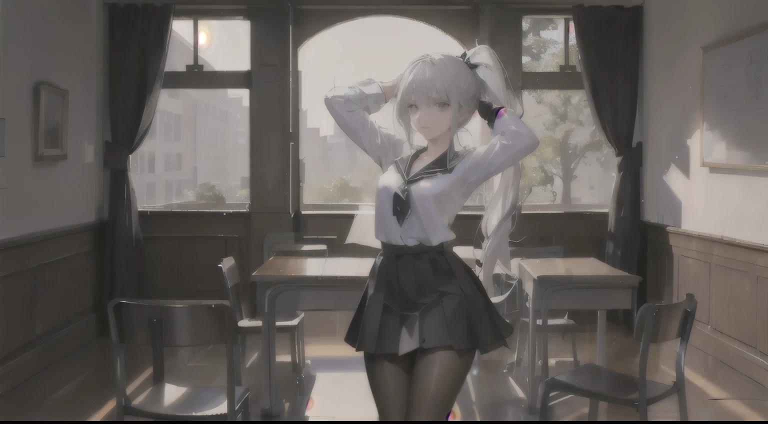 In school classrooms,1 girl! Ray Tracing, Best shadows, high resolution (Dim Lights) Detailed background (Living room) Fluffy silver hair, Plump girl, high ponytail avoiding golden eyes in the ominous Living room (girl in white shirt, Black pleated skirt, With black transparent pantyhose), Show off your slender figure and beautiful curves, Correct positioning and proper limbs! Place your hands behind your head, Stand solemnly, Facial details! Exquisite facial features, Pay attention to the position details of the legs! Pay attention to the details of the hands! high quality! More eligible! Reduce errors! More exquisite painting, Ultra-detailed CG, And the picture is more reasonable! Pay attention to finger details! 8k wallpaper, masterpiece, Eye details! Reduce binocular differences! number of fingers!