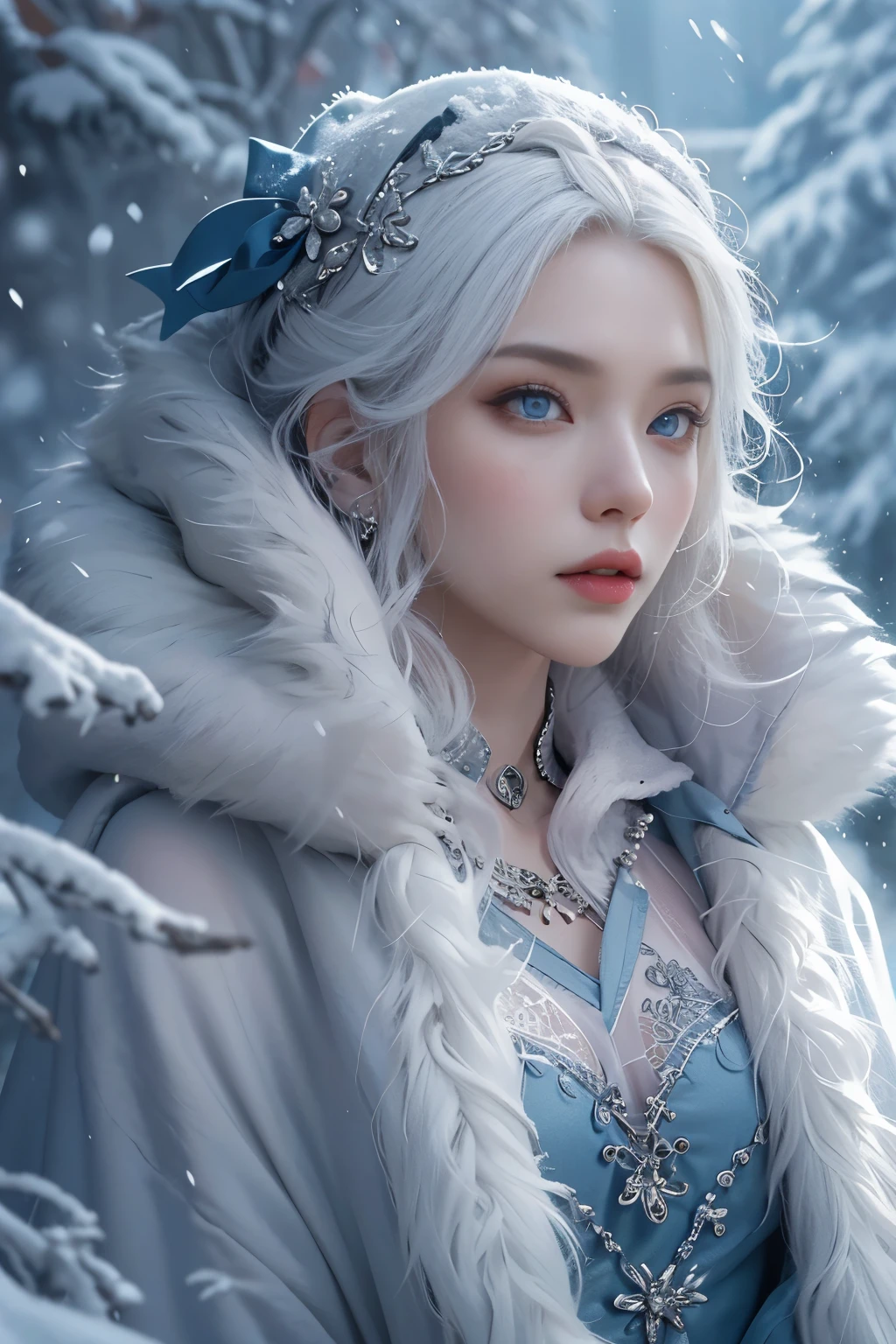 8K,realistically, A high resolution, 1 Women, Alone, (ta costume),Gorgeous costumes attract the audience,A beautiful Blue eyes, White hair, eye socket, (External,Oyuki,fur-edged cloak,blanketed in a mantle of snow),snow cover,