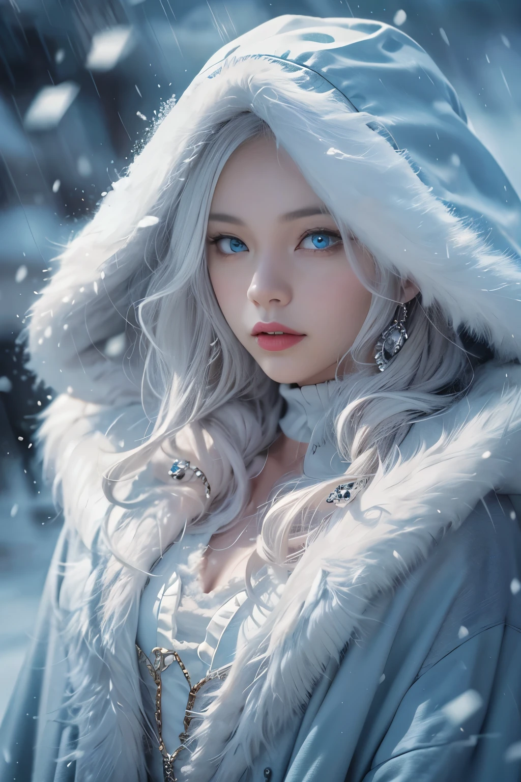 8K,realistically, A high resolution, 1 Women, Alone, (ta costume),Gorgeous costumes attract the audience,A beautiful Blue eyes, White hair, eye socket, (External,Oyuki,fur-edged cloak,blanketed in a mantle of snow),snow cover,