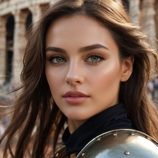 full body wide shot, beautiful woman, Maria Fumagelli, extremely beautiful oblong face, long brown hair, green eyes, soft features, cleavage, sexy legs, perfect butt, wearing gladiator armor and knee high boots cinematic light, outside Rome's colosseum , masterpiece, (highly detailed environment:1.3), dynamically extreme action poses. (sharp focus), (intricate), fashion, realistic skin texture, (( perfect anatomy)), ((detailed face:1.2)), ((detailed facial features detailed skin), masterpiece), (perfect proportion), (realistic photo), (best quality: 1.6), (detailed) image depicts a person with a clear complexion and a striking appearance. facial features include arched eyebrow, expressive eyes with dark mascara, and a subtle cat-eye liner. Eyeliner to accentuate her bright eyes. lips that appear to have a natural or a nude shade of lipstick. Smooth skin with matte finish. The lighting is soft and diffused