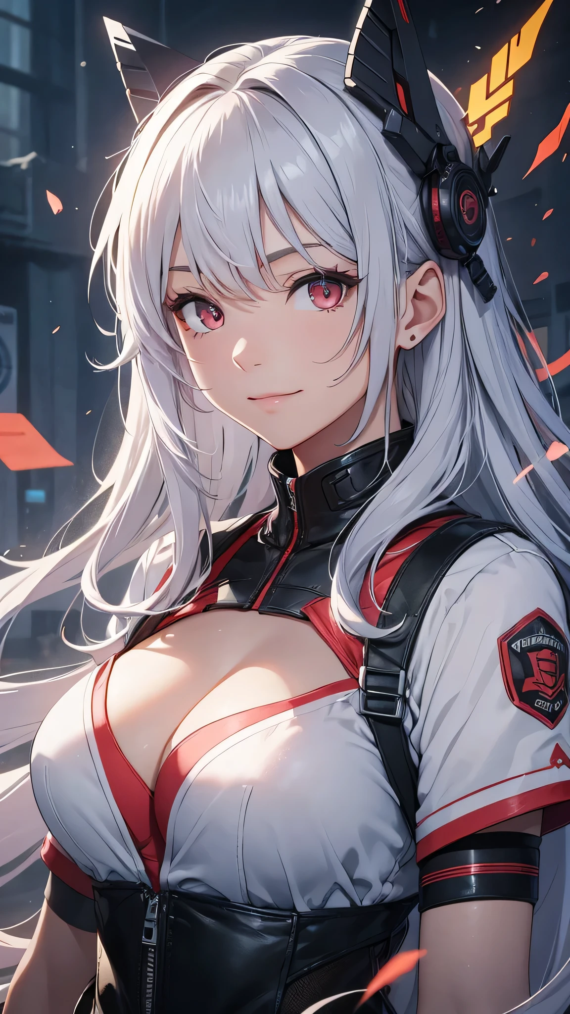 最high quality、Best image quality、masterpiece、girl((20-year-old、 By becoming、Best Bust、Medium Bust,Wide open breast tea、red glowing eyes,Silver Hair、Disheveled Hair、Long Hair、thin,The highest valley、Open chest、White wristband、smile、hair ornamentany accessories、White shirt、OL)),high quality、Beautiful art、background((company))、Flight、Flying debris、Written boundary depth、movie、Visual Arts、Perfect art、8K,Genuine、
