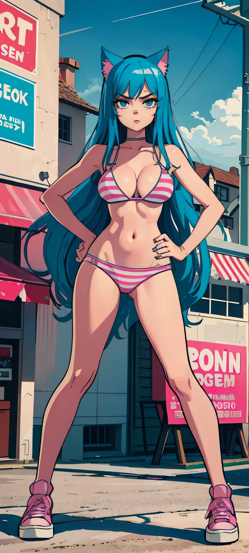 Masterpiece, best quality, high resolution, 1 woman, Long blue hair with pink stripes, smooth, green eyes, Bored face , cat ears , pink bikini , abdomen, big breasts , Long legs , hands on hips , canvas shoes , convenience store