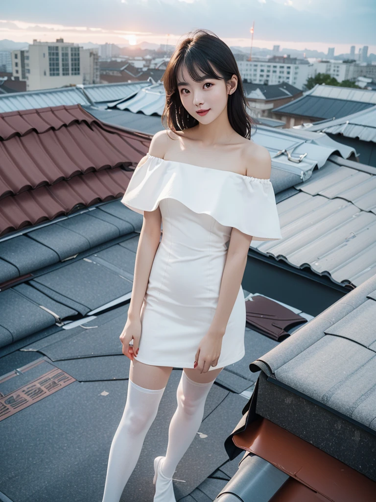 (1 Korean star with royal sister style), ((Best quality, 8K, Masterpiece: 1.3)), focal point: 1.2, Perfect body proportions: 1.4, (Make a smile), (Sunset: 1.3), Watery eyes, Highly Detailed Face and Skin Textur, Fine eyes, Double eyelids, Whitens the skin, (long whitr hair, Air bangs: 1.3), (Round face inches: 1.5), (off the shoulder dress: 1.4), (Standing on the roof: 1.6),(white stockings: 1.4),(film grain style:1.3),a sense of atmosphere