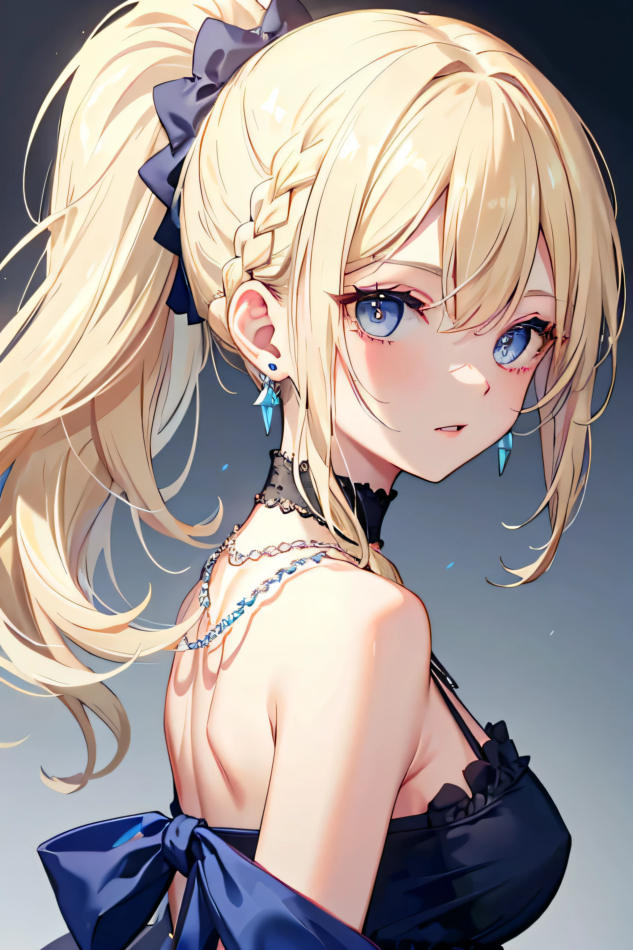 ((highest quality)), ((masterpiece)), (detailed), Perfect Face、ponytail、Looking back、blonde、Beautiful eyes with slit length、Earrings、necklace、Blue Dress、