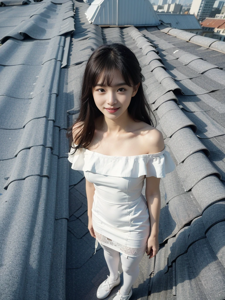 Teenage girl in white dress，Fair skin，Holding the camera in hand，Highest image quality，Eye highlights