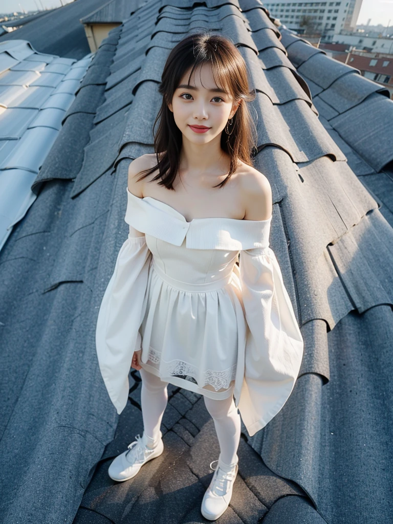 (1 Korean star with royal sister style), ((Best quality, 8K, Masterpiece: 1.3)), focal point: 1.2, Perfect body proportions: 1.4, (Make a smile), (Sunset: 1.3),  Watery eyes, Highly Detailed Face and Skin Textur, Fine eyes, Double eyelids, Whitens the skin, (long whitr hair, Air bangs: 1.3), (Round face inches: 1.5), (off the shoulder dress: 1.4), (Standing on the roof: 1.6),(white stockings: 1.4),(film grain style:1.3)，a sense of atmosphere