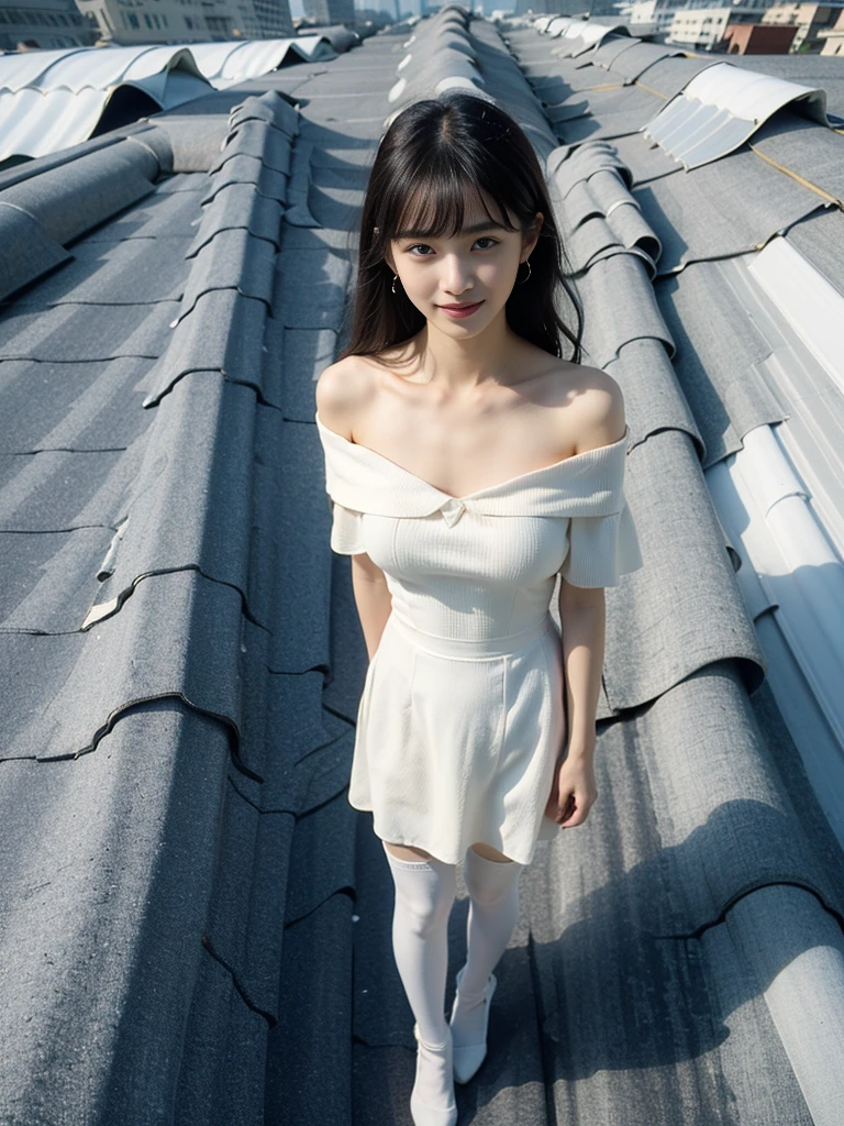 (1 Korean star with royal sister style), ((Best quality, 8K, Masterpiece: 1.3)), focal point: 1.2, Perfect body proportions: 1.4, (Make a smile), (Sunset: 1.3), Watery eyes, Highly Detailed Face and Skin Textur, Fine eyes, Double eyelids, Whitens the skin, (long whitr hair, Air bangs: 1.3), (Round face inches: 1.5), (off the shoulder dress: 1.4), (Standing on the roof: 1.6),(white stockings: 1.4),(film grain style:1.3),a sense of atmosphere