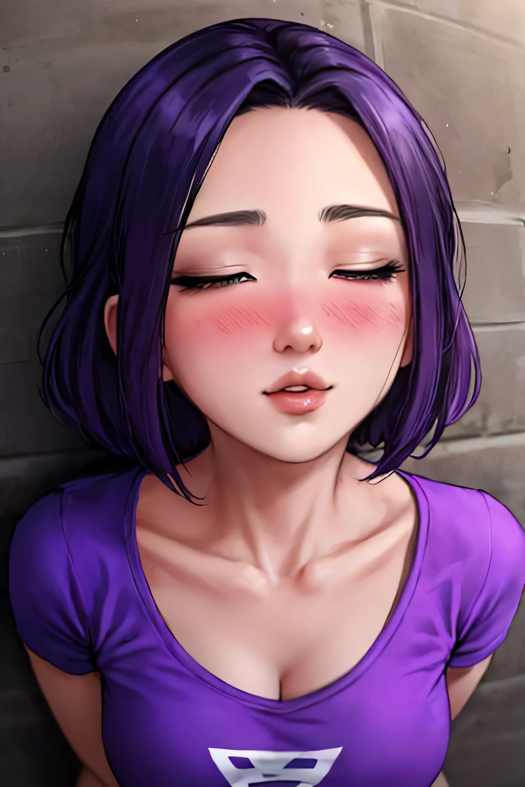 a short sexy woman wearing purple t shirt and black tracks, pinned against the wall, eyes closed, lips parted, blushing intensely, ready to kiss