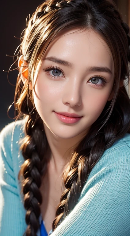 ((A beautiful woman in a light blue cardigan and mini dress)),full Body Portrait、8K,Eyes in Beautiful Details,dingdall effect、masterpiece, top-quality, hightquality, hight resolution、hyperdetailed photo、(natural skin textures、Detailed skin、Hyper-Realism、ultra sharpness)、high-detail skin、(ighly detailed、detailed skin textures、intricate detailes、beautiful expression、(Lifelike face)、realisticeyes、beatiful detailed eyes、real looking skin、Beautiful skins、A hyper-realistic、ighly detailed、the golden ratio、With smiling eyeoonlight background at night))、Full Body Portrait、(Curly hair in braids、Bun1),big breasts, cleavage , sexy legs, mini dress