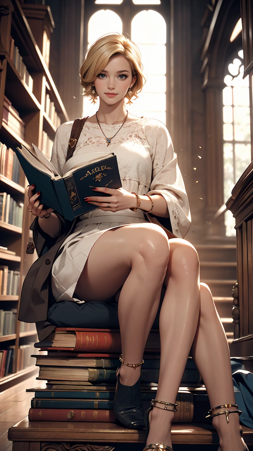((最high quality, 8K, masterpiece: 1.3, Ultra HD, high quality, 最high quality, High resolution, realism)) 、A 22-year-old extremely beautiful white woman、Hair color blonde、blue eyeedium Hair、Straight Hair、smile、Slender but well-proportioned body、Background blur((depth of field))、Aerial perspective((atmospheric perspective))、I want my head to stay off screen、Put an anklet on your ankle、Wearing red nail polish、I have a peticure、Search for books in the archives of a historic library、Librarian、stepladder((step))Sit down and read a book