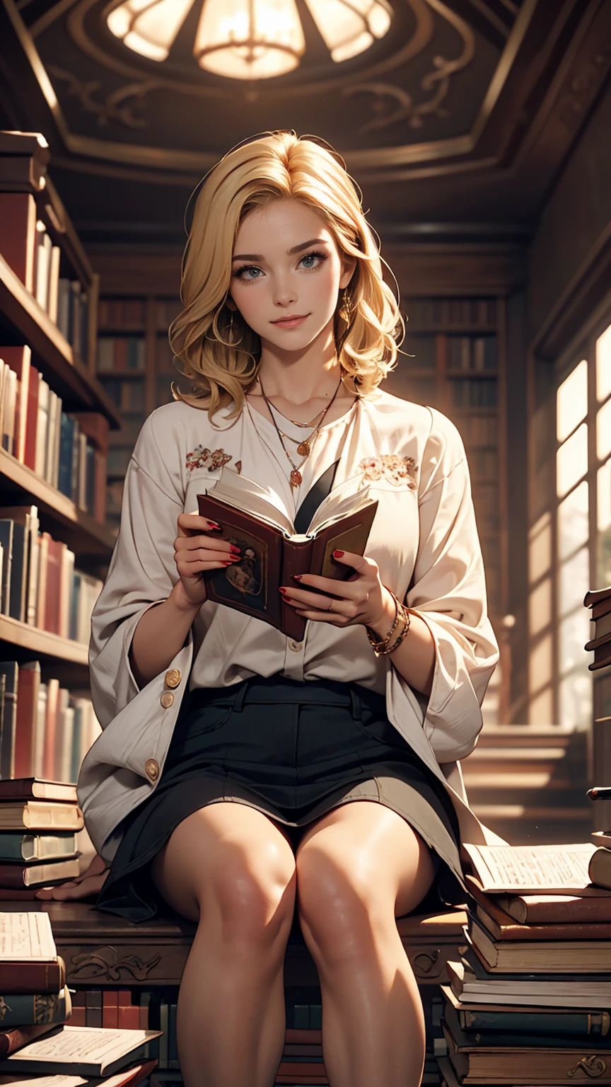 ((最high quality, 8K, masterpiece: 1.3, Ultra HD, high quality, 最high quality, High resolution, realism)) 、A 22-year-old extremely beautiful white woman、Hair color blonde、blue eyeedium Hair、Straight Hair、smile、Slender but well-proportioned body、Background blur((depth of field))、Aerial perspective((atmospheric perspective))、I want my head to stay off screen、Put an anklet on your ankle、Wearing red nail polish、I have a peticure、Search for books in the archives of a historic library、Librarian、stepladder((step))Sit down and read a book