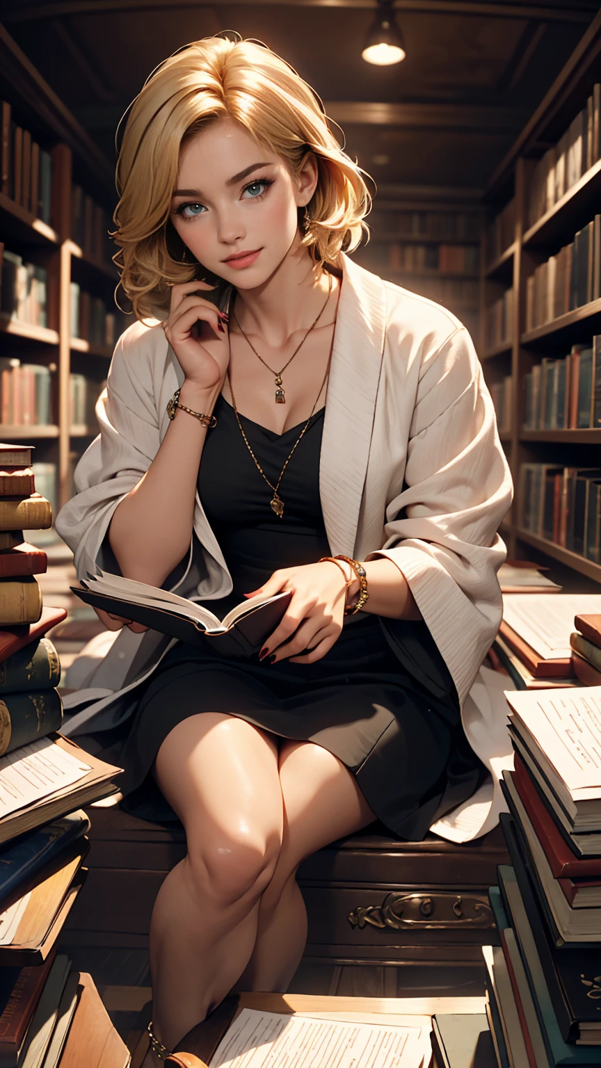((最high quality, 8K, masterpiece: 1.3, Ultra HD, high quality, 最high quality, High resolution, realism)) 、A 22-year-old extremely beautiful white woman、Hair color blonde、blue eyeedium Hair、Straight Hair、smile、Slender but well-proportioned body、Background blur((depth of field))、Aerial perspective((atmospheric perspective))、I want my head to stay off screen、Put an anklet on your ankle、Wearing red nail polish、I have a peticure、Search for books in the archives of a historic library、Librarian、stepladder((step))Sit down and read a book