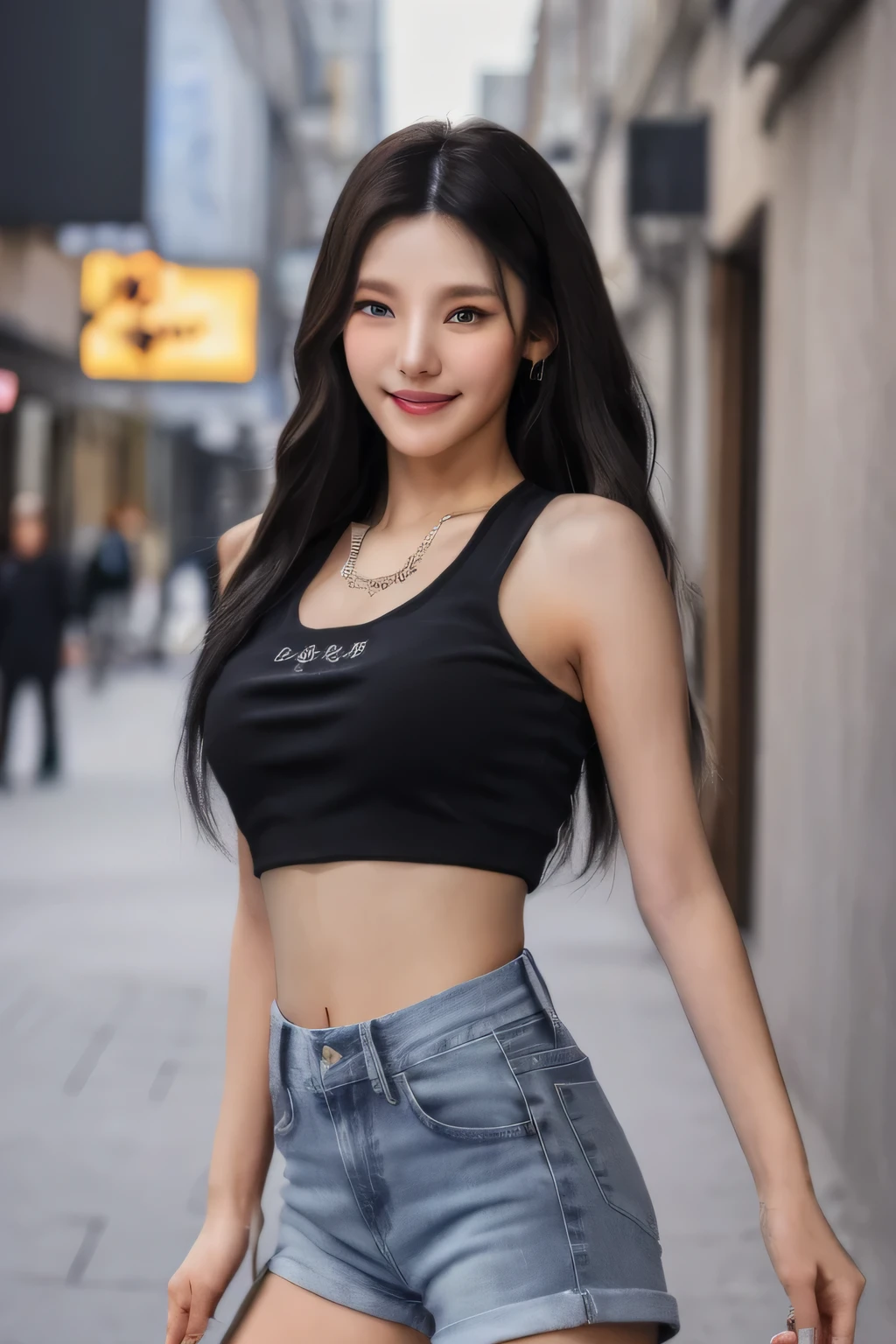 {(best quality), (realistic, photo-realistic, real), masterpiece, finely detail, highres}, {medium shot, ambient lighting, soft lighting, soft shadows}, {(high detailed skin:1.1), beautiful skin, realistic skin}, {((yeji)), korean, idol, 1girl, solo, detailed face, detailed eyes, wide eyes, square face shape, beautiful face, perfect face proportions, pretty eyes}, {(smiling), realistic hair texture, (black hair:1.2)}, {looking at viewer, outside, standing in a street, with a korean city in the background, slim body, (small boobs:1.2), grey crop top, navel, thighs, High-waisted blue flared jean shorts}