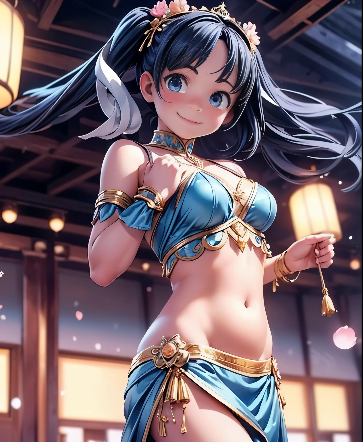 (masterpiece、highest quality、highest quality、Official Art、Beautiful and beautiful:1.2)、(One girl:1.3)Hatsune Miku、Twin tails,Big Breasts,Illustration of a dancing belly dancer、アニメWindイラスト, High resolution, Super detailed, (One girl:1.3), (Dynamic pose):1.0 break, Cowboy Shot, (Pale skin:1.3), ((Detailed blue eyes)), (Bokeh effect), (Dynamic Angle), 1 Very beautiful and charming anime wife in competition dance hall, (Wearing a royal blue satin belly dancer costume:1.37), break, 彼女は金髪のウェーブのかかったTwin tailsの髪型をしています, Medium Breasted, thin, A light smile, Happy, Wind, 8 Life-size, Detailed clothing, Detailed body, Detailed Weapons, Human hand, Fine hand, Perfect Nose, blush, A light smile, Pink Lip Gloss, Looking at the audience, Facing the audience, Sexy model posing, Studio Soft Light, Cinematic Light, Detailed Background, Realistic, ultra-Realistic, masterpiece, 32K Ultra-Clear Images, Japanese anime waifu, Concept art by Kyoto Animation, makoto shinkai,