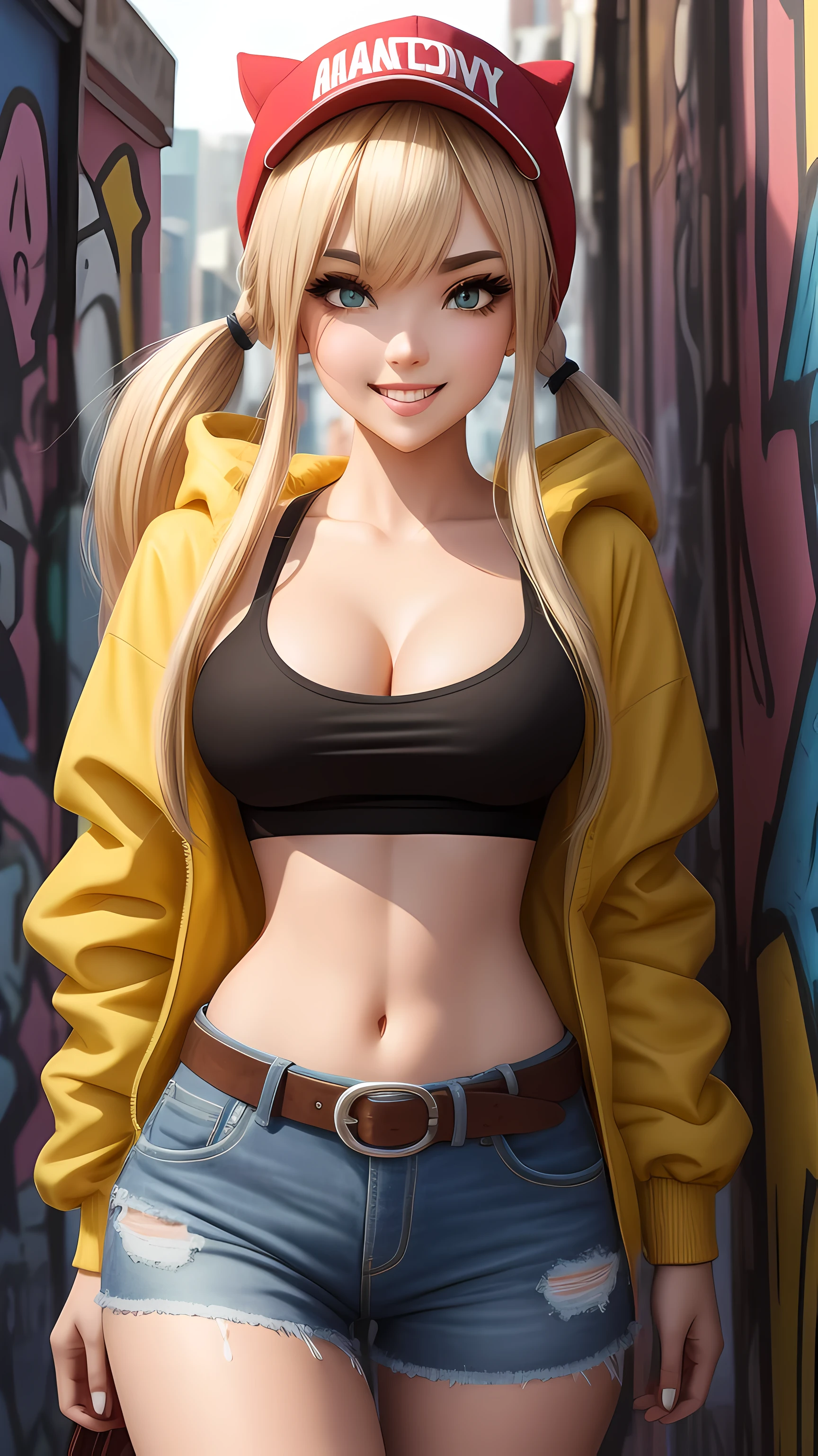 Original Character, Volumetric Lighting, Best Shadows, Shallow Depth of Field, Portrait Of Stunningly Beautiful Girl, , Delicate Beautiful Attractive Face With Alluring Yellow Eyes, Messy Painted Face, Sharp Eyebrows, Broadly Smiling, Open Mouth, Fangs Out, Lovely Medium Breasts, Layered Long Twintail Blond Hair, Blush Eyeshadow, Thick Eyelashes, Applejack Hat, Oversized Pop Jacket, Mini Underboob Tee, Open Navel, Slim Waist, Denim Jeans Pants, With Buckle Belt, In The Graffiti Alley, Waste Container, Outside Stairs, Outdoor Unit, Holding Spray Paint Can, Standing, (Highest Quality, Amazing Details:1.25), (Solo:1.3), Brilliant Colorful Paintings 