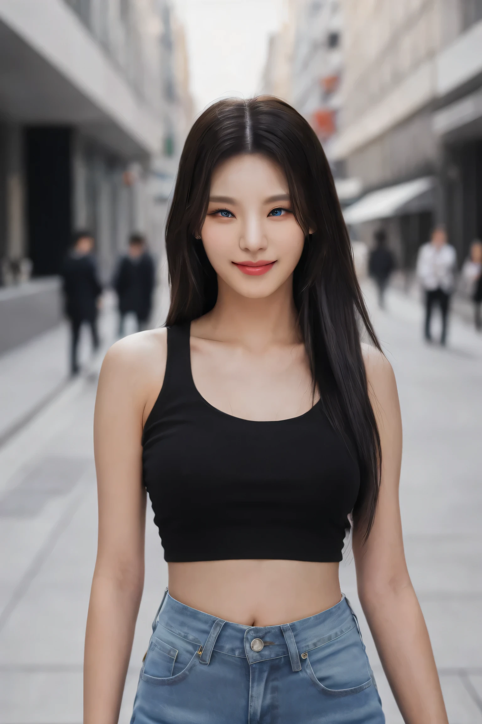 {(best quality), (realistic, photo-realistic, real), masterpiece, finely detail, highres}, {medium shot, ambient lighting, soft lighting, soft shadows}, {(high detailed skin:1.1), beautiful skin, realistic skin}, {((yeji)), korean, idol, 1girl, solo, detailed face, detailed eyes, wide eyes, square face shape, beautiful face, perfect face proportions, pretty eyes}, {(smiling), realistic hair texture, (black hair:1.2)}, {looking at viewer, outside, standing in a street, with a korean city in the background, slim body, (small boobs:1.2), grey crop top, navel, thighs, High-waisted blue flared jean shorts}