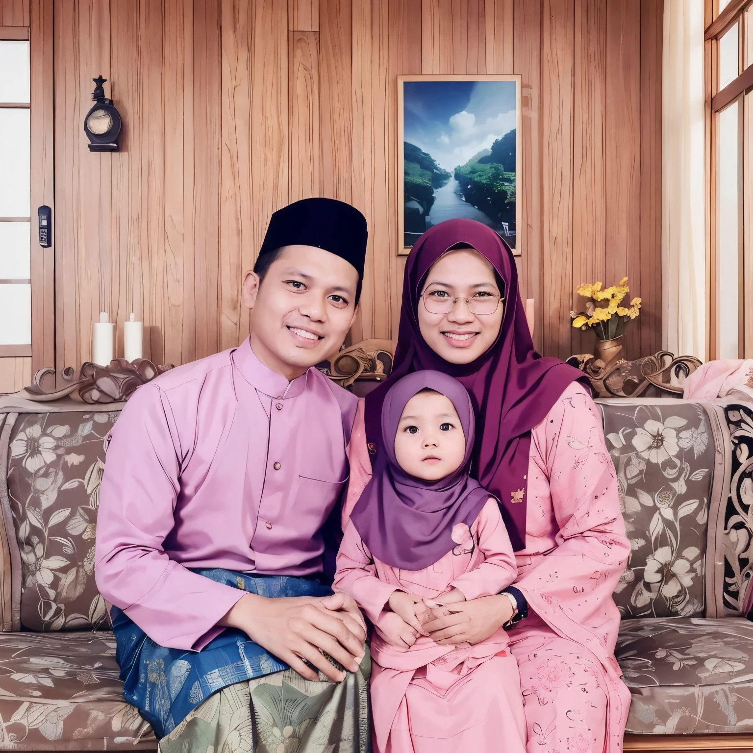 Portrait photo of Malay Family during Eid Celebration. Profesional DSLR photoghraphy. Realistic background.