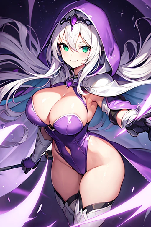 1girl, white hair, purple cape, purple hood, hood up, leotard, long hair, breasts, large breasts, hourglass figure, smile, green eyes, purple leotard, purple robe, robe, thighhighs, purple thighhighs, mature female, cleavage cutout, cleavage, ((shoulder pads)), shoulder pads, shoulder armor, gloves, forehead, ((forehead))