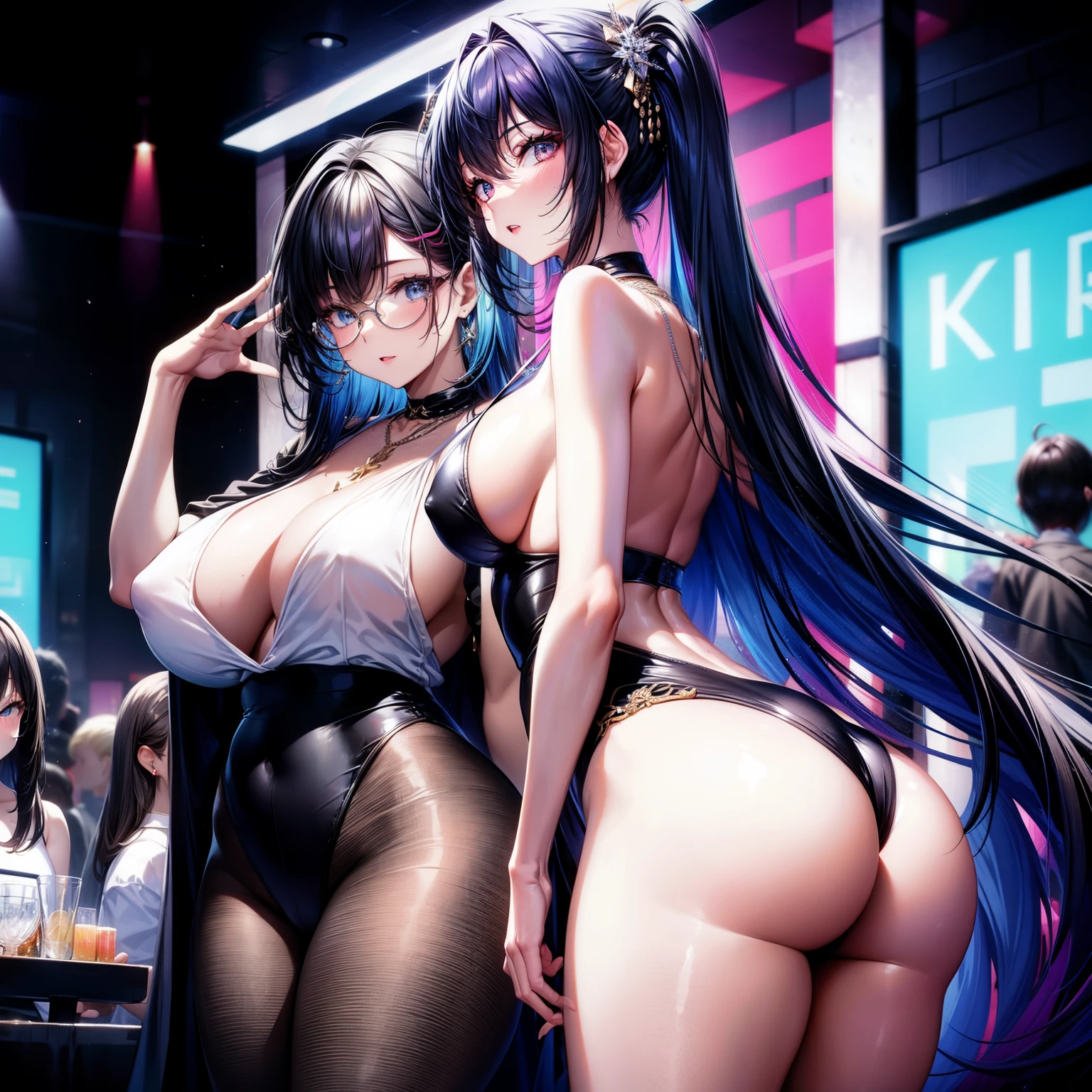 （8k ，Ultra Detailed，The best masterpiece，nature，Perfect work of art，Perfect female body），Two Women，Sister and younger sister， sisters，Rainbow hair，Perfect face，（huge ），Neighbor&#39;s Wife，woman hairstyle，elegant wife，Exquisite and inspiring ，20 years old，White skin，Messy hair，Perfect sexy body，Tone，flirtatious，Very large ，Yao Liu，Big butt very detailed，young beautiful teacher，teacher，wear glasses，Dance in a nightclub，Detail background，necklace，Perfect eyes，，T-shaped small size，huge big