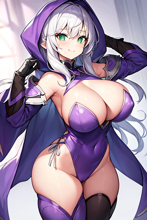 1girl, white hair, purple cape, purple hood, hood up, leotard, long hair, breasts, large breasts, thick thighs, wide hips, hourglass figure, smile, green eyes, purple leotard, purple robe, robe, thighhighs, purple thighhighs, mature female, cleavage cutout, cleavage, (shoulder pads), (shoulder spikes), shoulder armor, (shoulder armor), gloves,