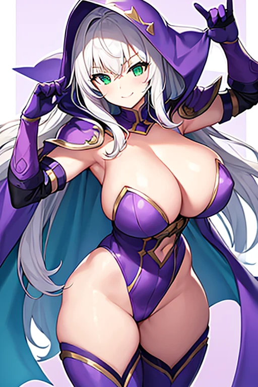 1girl, white hair, purple cape, purple hood, hood up, leotard, long hair, , large breasts thighs, wide hips, hourglass figure, smile, green eyes, purple leotard, purple robe, robe, thighhighs, purple thighhighs, mature female,age cutout, cleshoulder pads), ( spikes), shoulder armor, (shoulder armor), gloves,