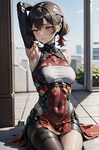 A Female robot is sleeping in bedroom, spread legs, nude, banzai pose. she wears no dress. She Brown short hair is tied with two big red clothespins, She lifts up the under hem of her white plain dress, leaning over, masterpiece, very short pigtails,brown hair, mature, android, blue eyes, full body figure, Height: 160cm, flushed cheeks, 2020s anime picture, A beautiful robot with short brown hair in two short pigtails held up by two very large huge red clothespins, Uplifting, No NSFW, whole body, barefoot, archaic smile, getting orgasm, 25 years old, sweat bucket. Her bowel is out from mouth.