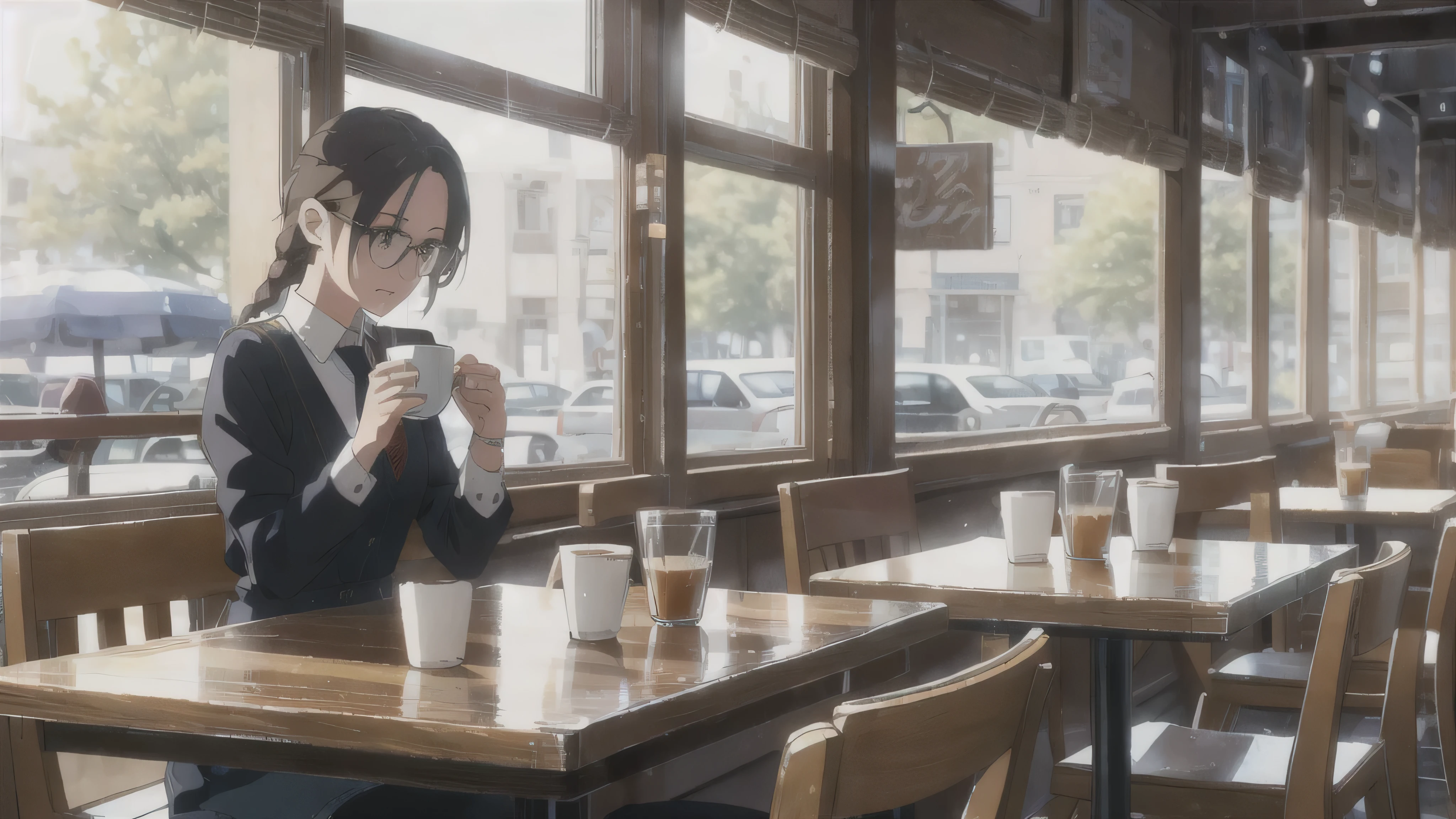 The Wind of Sincerity, anime, After the Rain, Moving visual effects, Natural glare. Denim with a dress shirt and tie, A 20-year-old girl with a kind face drinking coffee alone at a cafe. She is wearing glasses and listening to music happily while drinking coffee.,Braid,