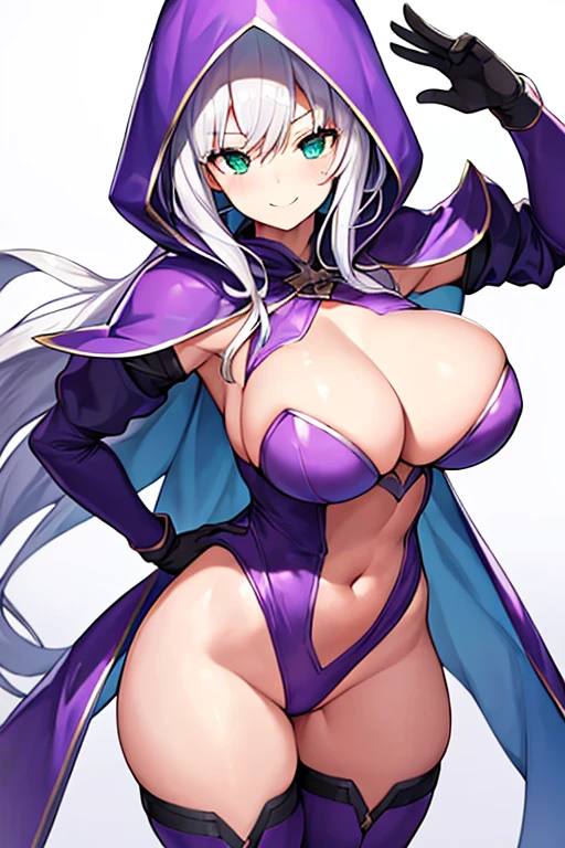 1girl, white hair, purple cape, purple hood, hood up, leotard, long hair, breasts, large breasts, thick thighs, wide hips, hourglass figure, smile, green eyes, purple leotard, purple robe, robe, thighhighs, purple thighhighs, mature female, cleavage cutout, cleavage, shoulder pads, ((shoulder pads)), shoulder armor, gloves, forehead