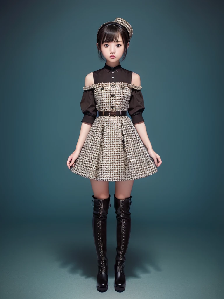 1girl、Standing in front of the viewer、Masterpiece、Official Art、high waist、Brown and dark brown houndstooth A-line dress、Dark piping、Super detailed、super beautiful、white straight short hair、Baby Face、Knee-high boots、