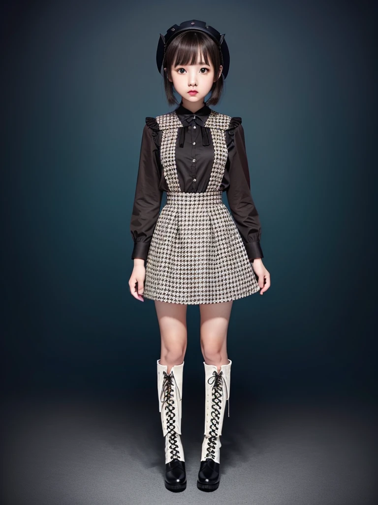 1girl、Standing in front of the viewer、Masterpiece、Official Art、high waist、Brown and dark brown houndstooth A-line dress、Dark piping、Super detailed、super beautiful、white straight short hair、Baby Face、Knee-high boots、