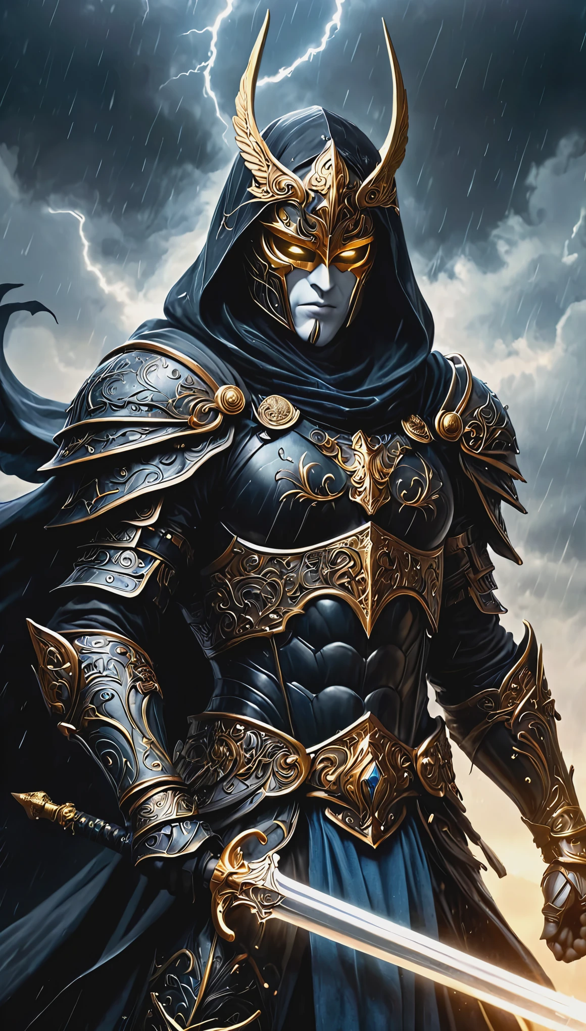 coloring book of aA stunning, highly detailed dark fantasy full body illustration of a proud angelical warrior wearing intricate medieval black of black armor and an epic white ornamented mask, holding a great golden glowing sword, golden and blue glooming eyes, very wide shoulders, wearing big gauntlets, epic composition. The warrior stands heroic with a flowing cloak and white hood during a storm with foggy gloom, thunderclouds in the background . The scene depicts him with brooding emotional agony , style by Greg Rutkowski, by Milo Manara and Russ Mills, with insanely intricate details and textures, gloomy dramatic lighting, 8K resolution