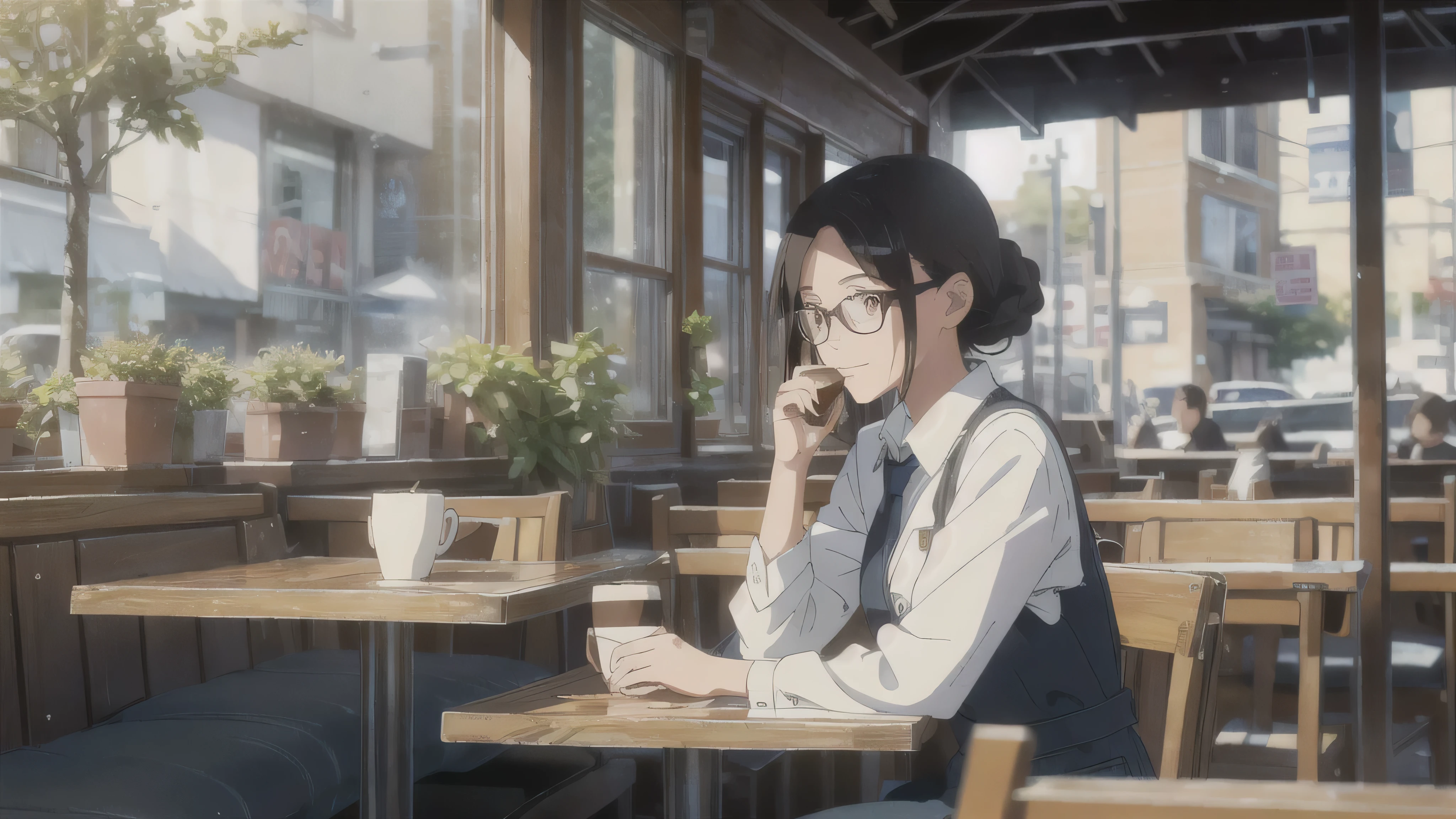 The Wind of Sincerity, anime, After the Rain, Moving visual effects, Natural glare. Denim with a dress shirt and tie, A 20-year-old girl with a kind face drinking coffee alone at a cafe. She is wearing glasses and listening to music happily while drinking coffee.,Braid,