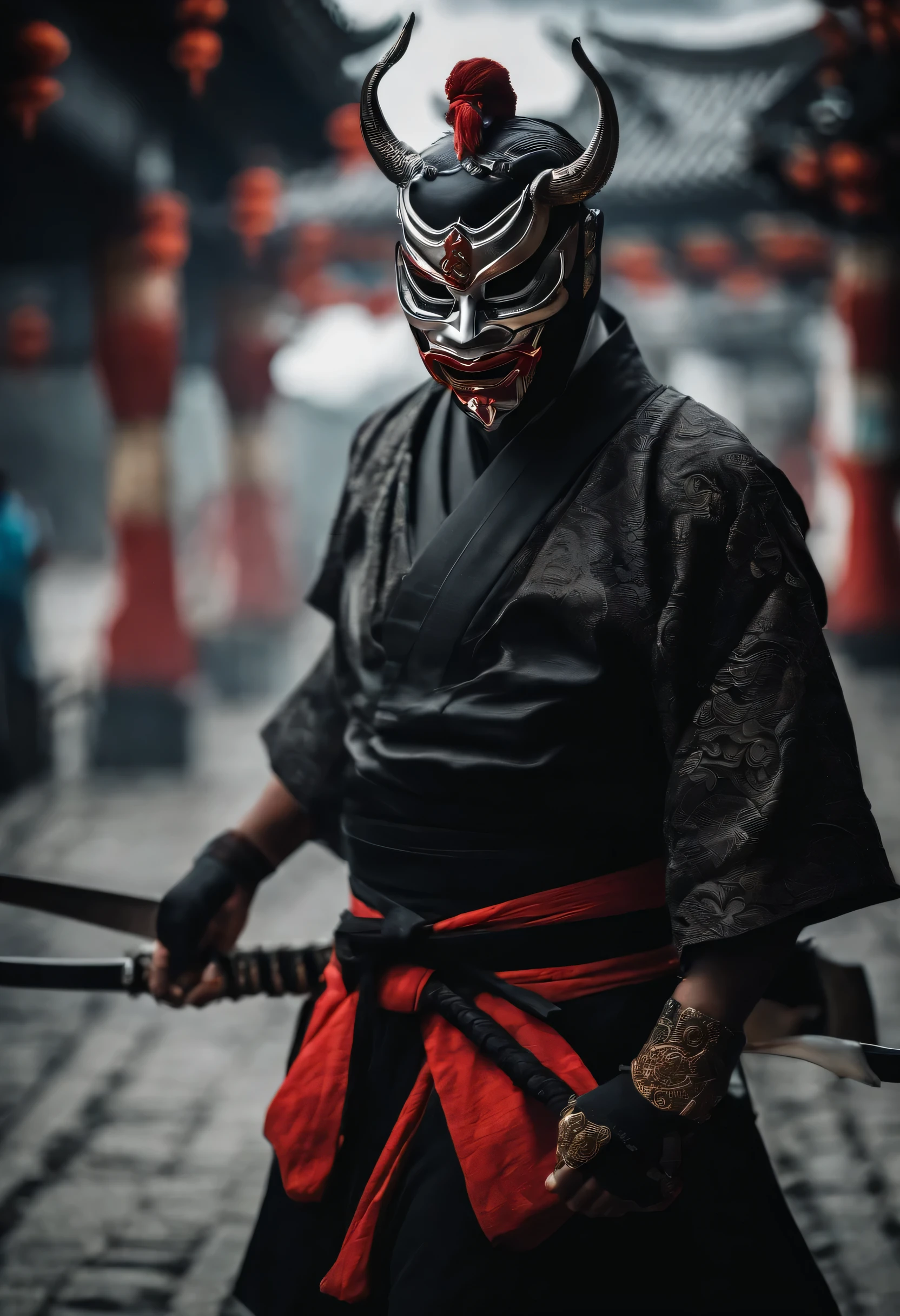 White ninja wearing a Japanese oni mask, with black dress, horribly