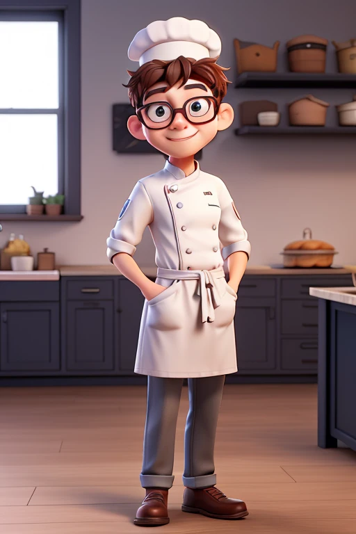 bakery、wearing a white chef costume、 wearing a white chef's hat、 30 years old、Wearing glasses、sense of cleanliness、kind、Anime characters、comics、3D、3D illustration style、3D Rendering、3 heads、Plain background、