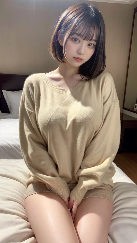 muste piece, best quality, illustration, Super detailed, fine details, High resolution, 8K,wall paper, perfect dynamic composition,(Details High quality, realistic depiction of eyes:1.3), (Fashionable、Beige oversized sweatshirt、long-sleeve), large breasts, Lying down, short bob hair, black hair color, Big Natural Color Lip, bold sexy pose, crying a little、cold gaze, Harajuku style、20 year old girl、cute type、lolita、beautiful legs, hotel room, hposing Gravure Idol, Voluptuous thighs