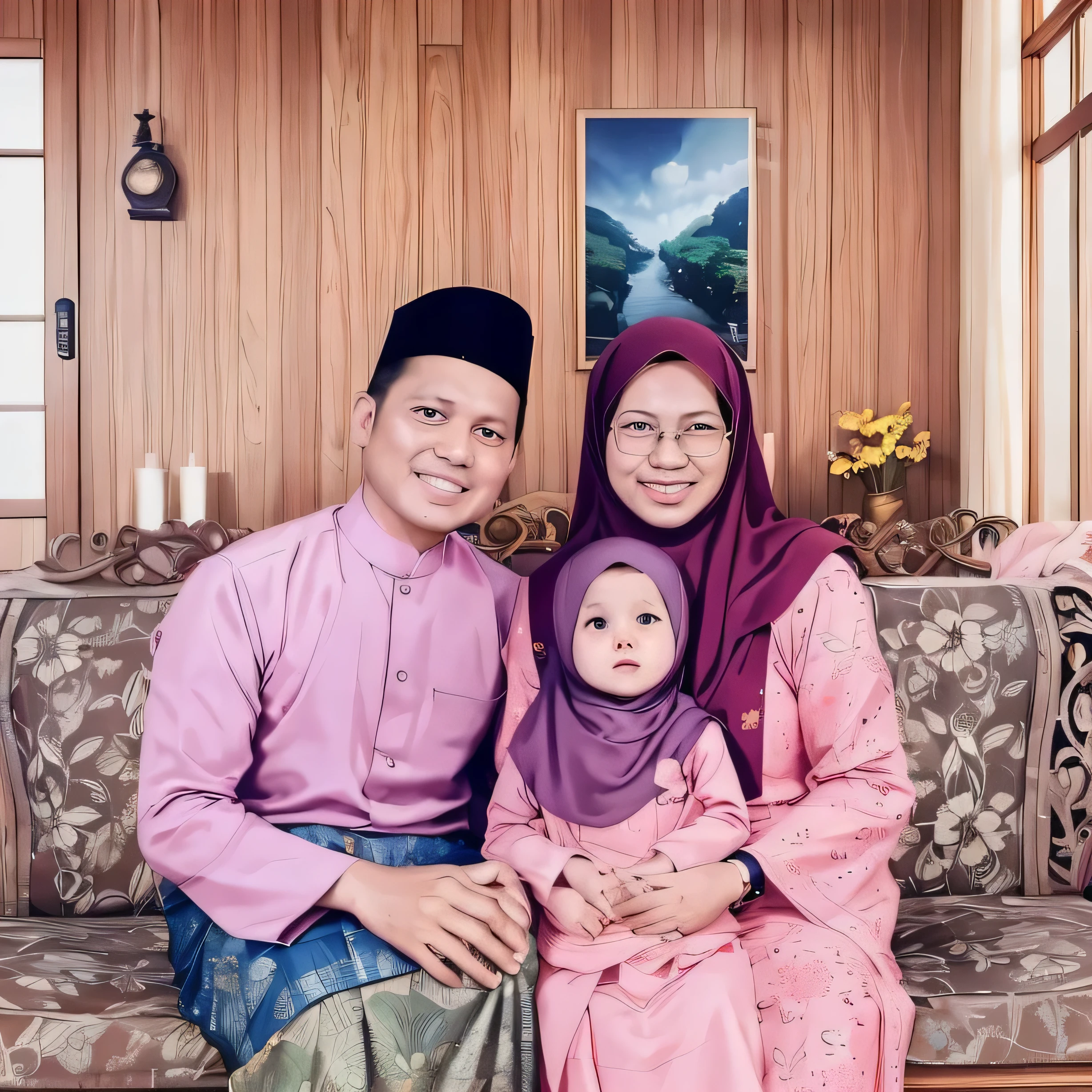 Portrait photo of Malay Family during Eid Celebration. Profesional DSLR photoghraphy. Realistic background.