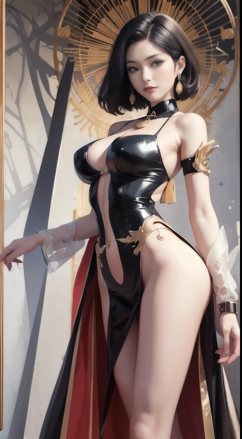 best quality, masterpiece, A girl, cheongsam, Crimson Stripes, fighting, necklace, carbon fiber, Robotic palm, Body Proportions, Golden Ratio, Looking at the audience, protrait photo, Side view photo, Exquisite facial features, Beautiful big eyes, Flip forward and backward, Sexy, Cold Eyes, Real hair , short hair, 8k, pyga--automatic,cheongsam,,(Very long legs,Straight Legs),,High heel,Long legs,stand up, Leg length from the front, Perfect body,Have perfect legs,(bait),Full body female,1 busty girl,