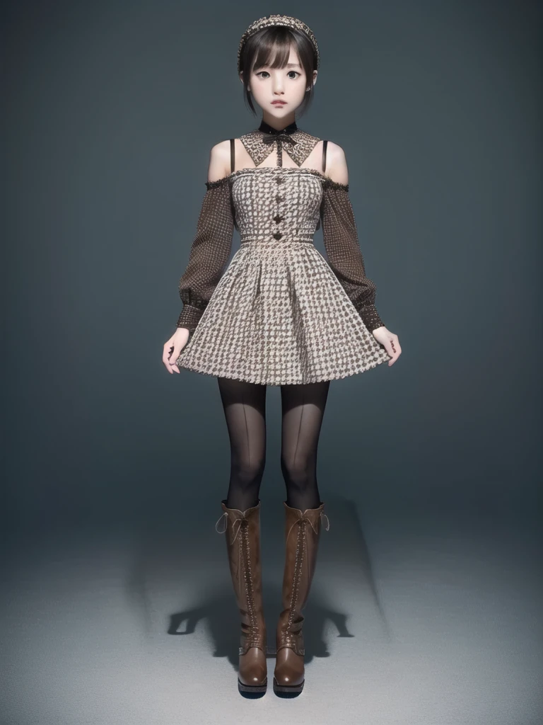 1girl、Standing in front of the viewer、Masterpiece、Official Art、high waist、Brown and dark brown houndstooth A-line dress、Dark piping、Super detailed、super beautiful、white straight short hair、Knee-high boots、