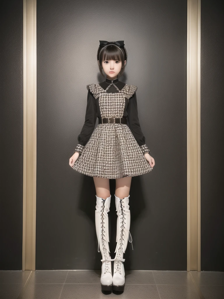 1girl、Standing in front of the viewer、Masterpiece、Official Art、high waist、Brown and dark brown houndstooth A-line dress、Dark piping、Super detailed、super beautiful、white straight short hair、Knee-high boots、