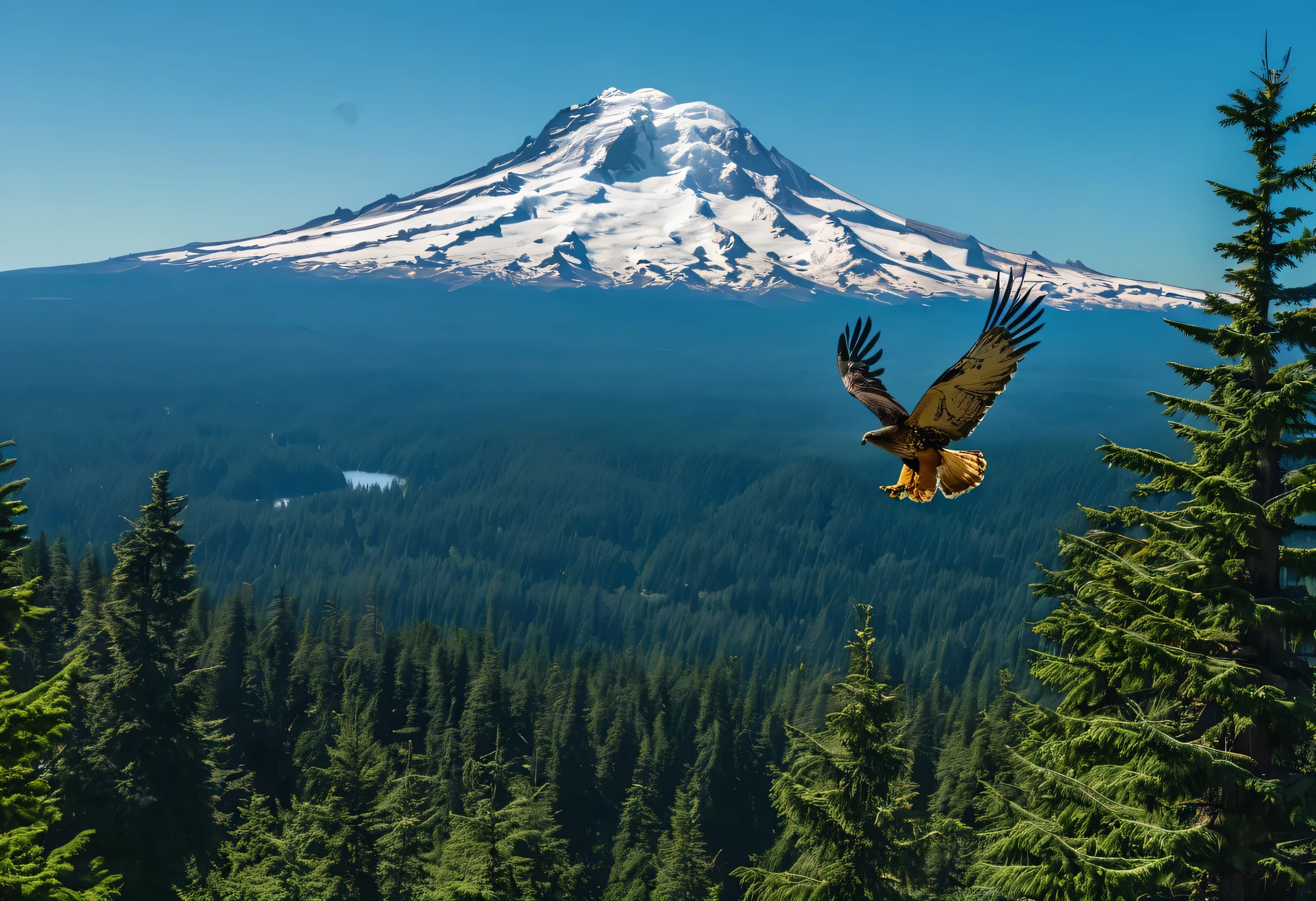 hawk is flying, One beautiful, high resolution, high quality, master piece, Brave, photo, 8K, Around the sea of trees on OREGON Mt. hood