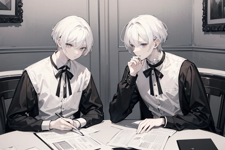 monochrome,masterpiece, illustration, best quality, best aathetic,male focus,Two men sitting at a table,facing each other,cafe,Low angle and full shot, overhead shot,from above,shirt,18 years old,white hair,short hair,